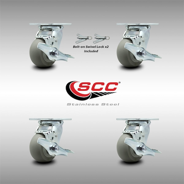 Service Caster 4 Inch SS Thermoplastic Caster Set with Roller Bearing 4 Brake 2 Swivel Lock SCC SCC-SS30S420-TPRRD-TLB-BSL-2-TLB-2 - main
